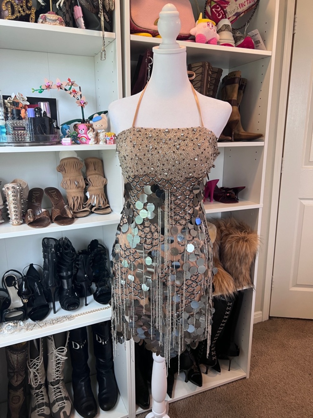 Sequin Fringe Halter Cocktail Dress in Champagne